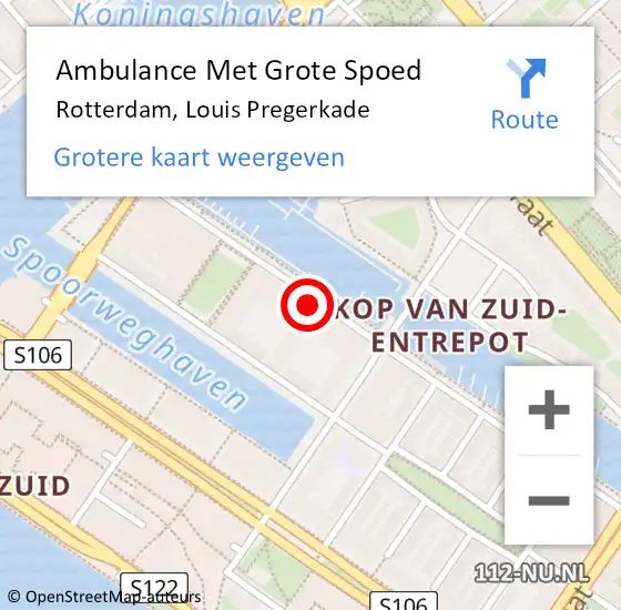 Locatie op kaart van de 112 melding: Ambulance Met Grote Spoed Naar Rotterdam, Louis Pregerkade op 29 januari 2024 04:18