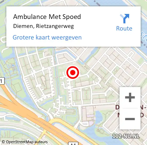 Locatie op kaart van de 112 melding: Ambulance Met Spoed Naar Diemen, Rietzangerweg op 29 januari 2024 07:11