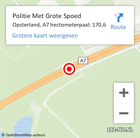 Locatie op kaart van de 112 melding: Politie Met Grote Spoed Naar Opsterland, A7 hectometerpaal: 170,6 op 29 januari 2024 07:51