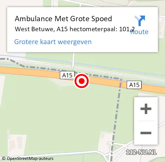 Locatie op kaart van de 112 melding: Ambulance Met Grote Spoed Naar West Betuwe, A15 hectometerpaal: 101,2 op 29 januari 2024 08:07