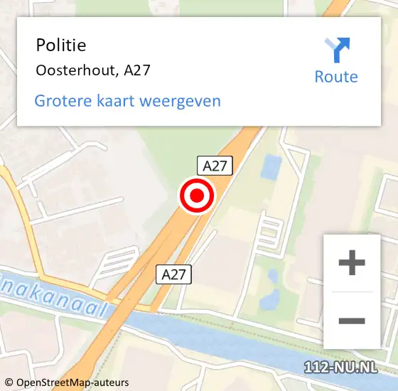 Locatie op kaart van de 112 melding: Politie Oosterhout, A27 op 23 september 2014 21:44