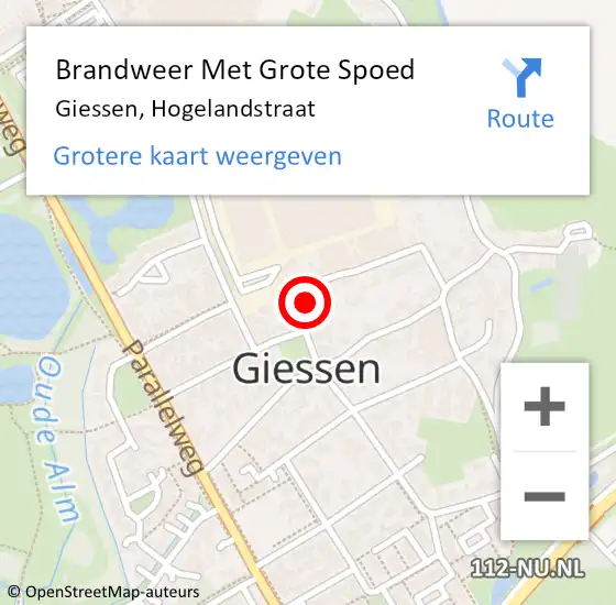 Locatie op kaart van de 112 melding: Brandweer Met Grote Spoed Naar Giessen, Hogelandstraat op 29 januari 2024 13:36