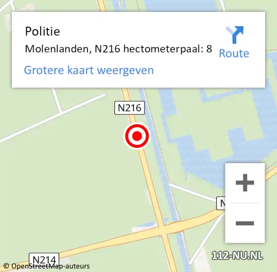 Locatie op kaart van de 112 melding: Politie Molenlanden, N216 hectometerpaal: 8 op 29 januari 2024 16:54
