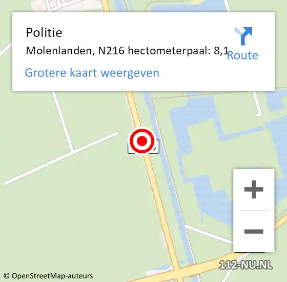 Locatie op kaart van de 112 melding: Politie Molenlanden, N216 hectometerpaal: 8,1 op 29 januari 2024 16:55