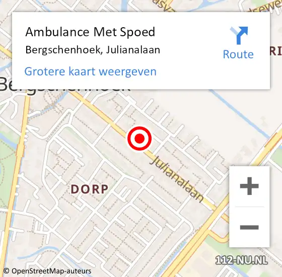 Locatie op kaart van de 112 melding: Ambulance Met Spoed Naar Bergschenhoek, Julianalaan op 29 januari 2024 19:24