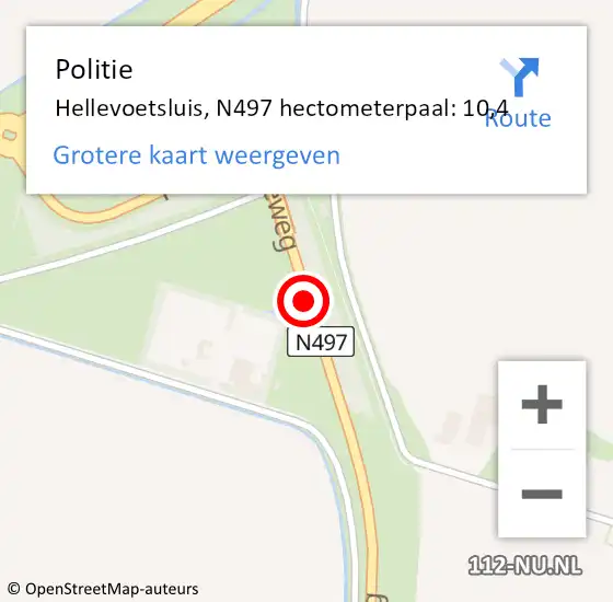 Locatie op kaart van de 112 melding: Politie Hellevoetsluis, N497 hectometerpaal: 10,4 op 29 januari 2024 19:24