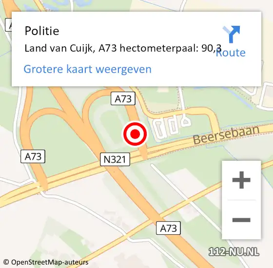 Locatie op kaart van de 112 melding: Politie Land van Cuijk, A73 hectometerpaal: 90,3 op 30 januari 2024 02:58
