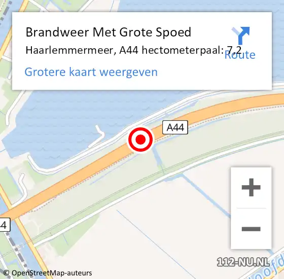 Locatie op kaart van de 112 melding: Brandweer Met Grote Spoed Naar Haarlemmermeer, A44 hectometerpaal: 7,2 op 30 januari 2024 07:53