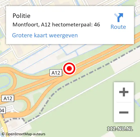 Locatie op kaart van de 112 melding: Politie Montfoort, A12 hectometerpaal: 46 op 30 januari 2024 08:07