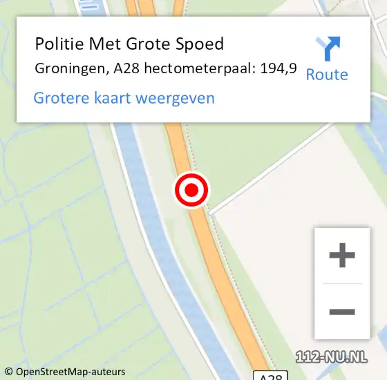 Locatie op kaart van de 112 melding: Politie Met Grote Spoed Naar Groningen, A28 hectometerpaal: 194,9 op 30 januari 2024 17:21