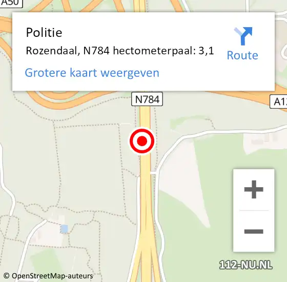 Locatie op kaart van de 112 melding: Politie Rozendaal, N784 hectometerpaal: 3,1 op 30 januari 2024 17:59