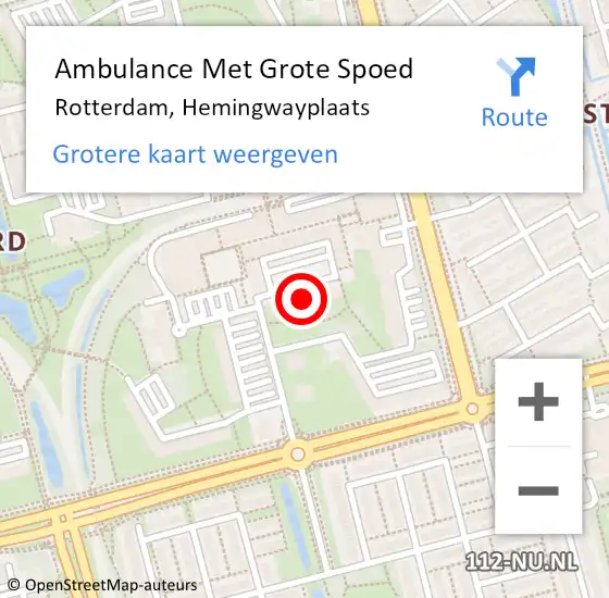 Locatie op kaart van de 112 melding: Ambulance Met Grote Spoed Naar Rotterdam, Hemingwayplaats op 31 januari 2024 19:17