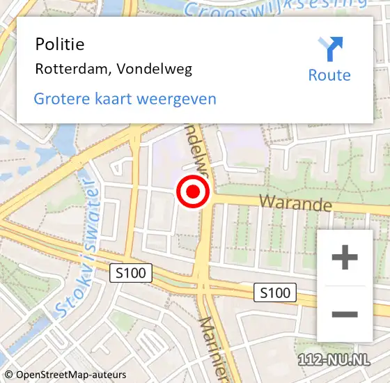 Locatie op kaart van de 112 melding: Politie Rotterdam, Vondelweg op 31 januari 2024 22:07