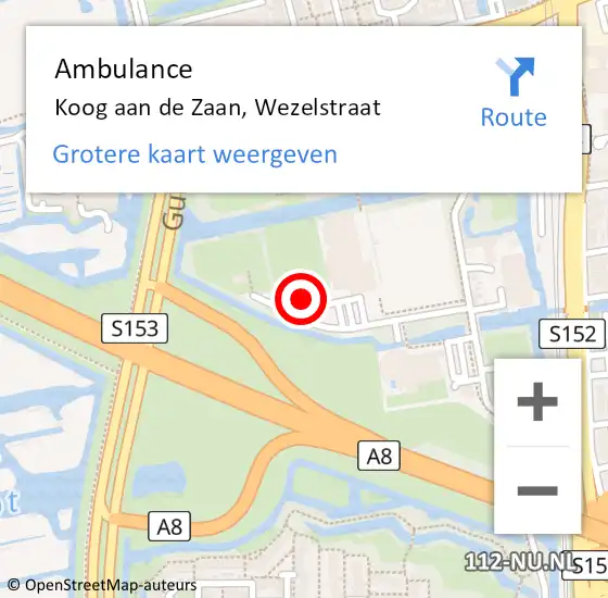 Locatie op kaart van de 112 melding: Ambulance Koog aan de Zaan, Wezelstraat op 1 februari 2024 08:42