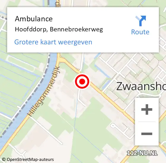 Locatie op kaart van de 112 melding: Ambulance Hoofddorp, Bennebroekerweg op 1 februari 2024 09:28