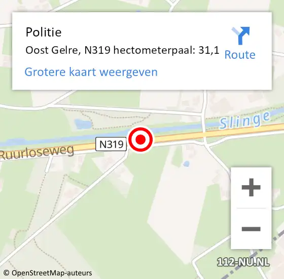 Locatie op kaart van de 112 melding: Politie Oost Gelre, N319 hectometerpaal: 31,1 op 1 februari 2024 18:28