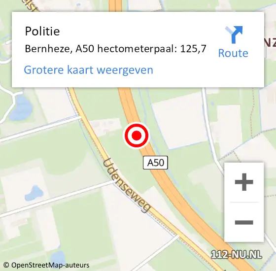 Locatie op kaart van de 112 melding: Politie Bernheze, A50 hectometerpaal: 125,7 op 2 februari 2024 18:50