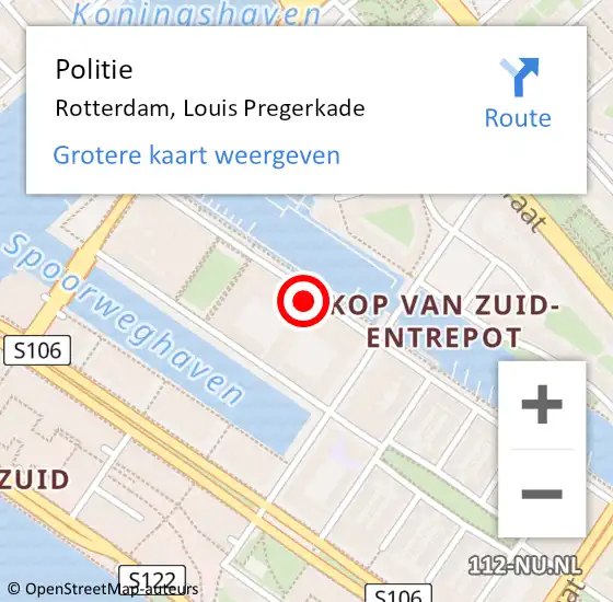 Locatie op kaart van de 112 melding: Politie Rotterdam, Louis Pregerkade op 2 februari 2024 22:58