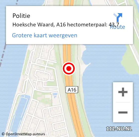 Locatie op kaart van de 112 melding: Politie Hoeksche Waard, A16 hectometerpaal: 43,7 op 2 februari 2024 23:41