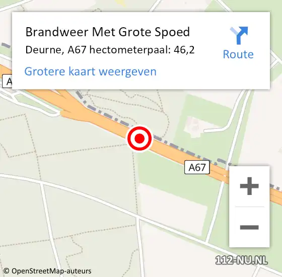 Locatie op kaart van de 112 melding: Brandweer Met Grote Spoed Naar Deurne, A67 hectometerpaal: 46,2 op 3 februari 2024 00:53