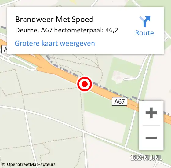 Locatie op kaart van de 112 melding: Brandweer Met Spoed Naar Deurne, A67 hectometerpaal: 46,2 op 3 februari 2024 01:10