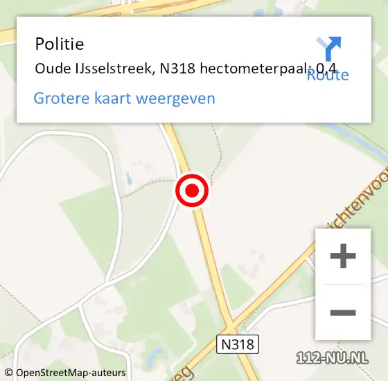 Locatie op kaart van de 112 melding: Politie Oude IJsselstreek, N318 hectometerpaal: 0,4 op 3 februari 2024 09:15