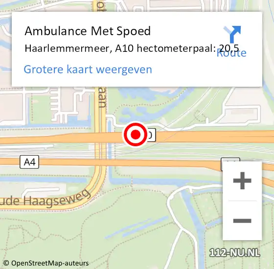 Locatie op kaart van de 112 melding: Ambulance Met Spoed Naar Haarlemmermeer, A10 hectometerpaal: 20,5 op 3 februari 2024 14:02