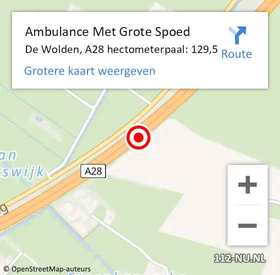 Locatie op kaart van de 112 melding: Ambulance Met Grote Spoed Naar De Wolden, A28 hectometerpaal: 129,5 op 3 februari 2024 20:14