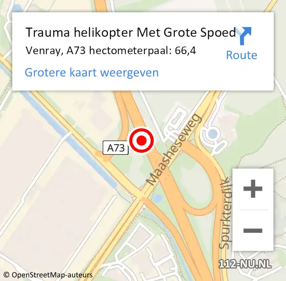 Locatie op kaart van de 112 melding: Trauma helikopter Met Grote Spoed Naar Venray, A73 hectometerpaal: 66,4 op 4 februari 2024 01:33