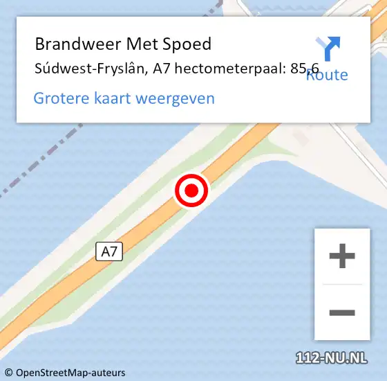 Locatie op kaart van de 112 melding: Brandweer Met Spoed Naar Súdwest-Fryslân, A7 hectometerpaal: 85,6 op 4 februari 2024 01:36