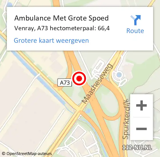 Locatie op kaart van de 112 melding: Ambulance Met Grote Spoed Naar Venray, A73 hectometerpaal: 66,4 op 4 februari 2024 01:36