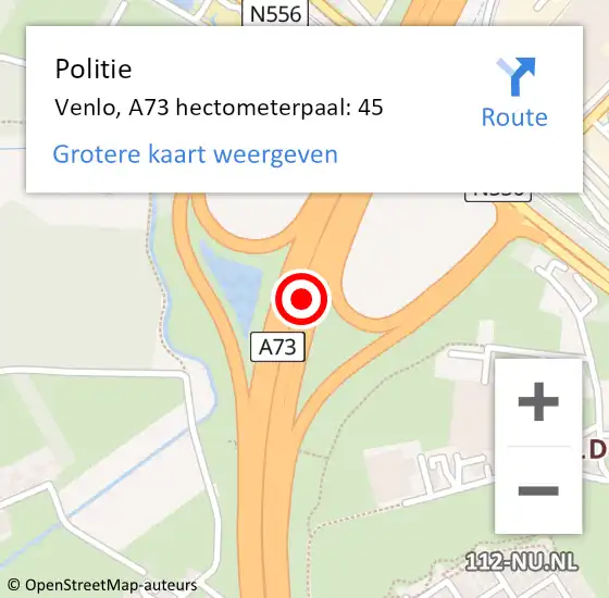 Locatie op kaart van de 112 melding: Politie Venlo, A73 hectometerpaal: 45 op 4 februari 2024 07:55