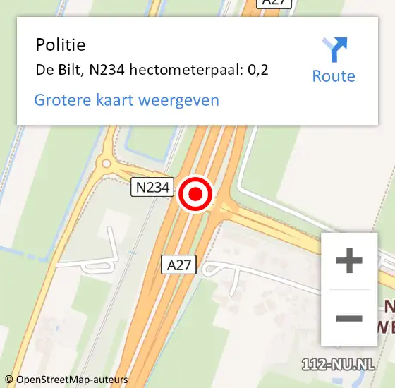Locatie op kaart van de 112 melding: Politie De Bilt, N234 hectometerpaal: 0,2 op 4 februari 2024 11:01