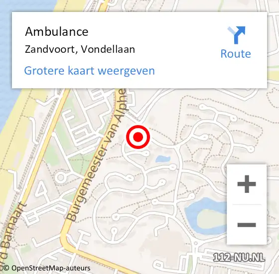 Locatie op kaart van de 112 melding: Ambulance Zandvoort, Vondellaan op 4 februari 2024 12:51