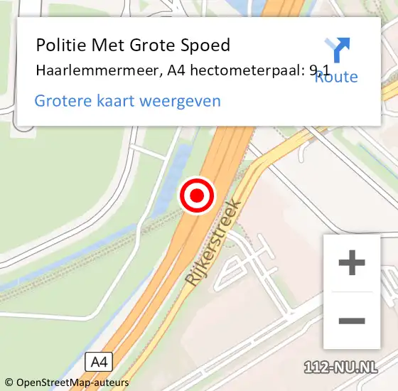Locatie op kaart van de 112 melding: Politie Met Grote Spoed Naar Haarlemmermeer, A4 hectometerpaal: 9,1 op 4 februari 2024 13:01