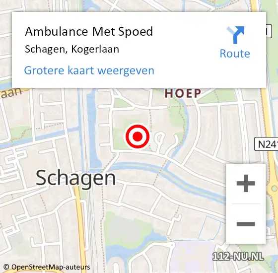 Locatie op kaart van de 112 melding: Ambulance Met Spoed Naar Schagen, Kogerlaan op 4 februari 2024 20:55