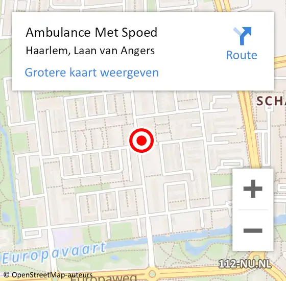 Locatie op kaart van de 112 melding: Ambulance Met Spoed Naar Haarlem, Laan van Angers op 4 februari 2024 22:11