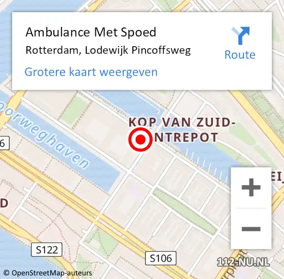 Locatie op kaart van de 112 melding: Ambulance Met Spoed Naar Rotterdam, Lodewijk Pincoffsweg op 5 februari 2024 10:21