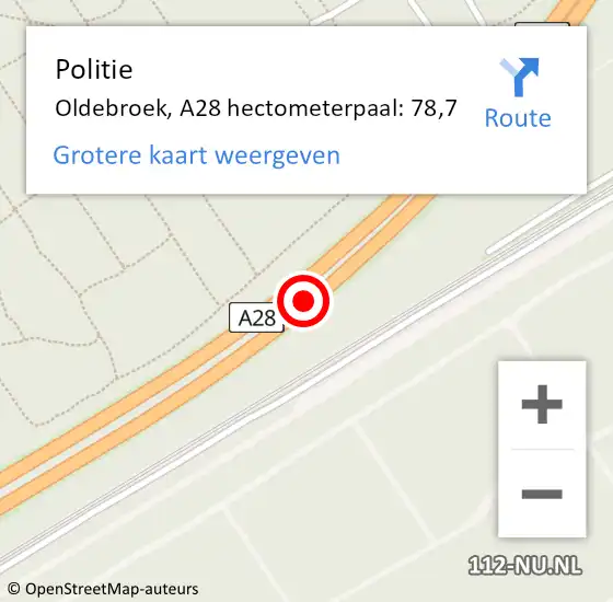 Locatie op kaart van de 112 melding: Politie Oldebroek, A28 hectometerpaal: 78,7 op 6 februari 2024 05:30