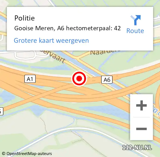 Locatie op kaart van de 112 melding: Politie Gooise Meren, A6 hectometerpaal: 42 op 6 februari 2024 06:44