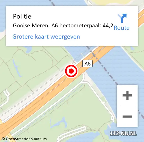 Locatie op kaart van de 112 melding: Politie Gooise Meren, A6 hectometerpaal: 44,2 op 6 februari 2024 06:52