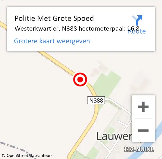 Locatie op kaart van de 112 melding: Politie Met Grote Spoed Naar Westerkwartier, N388 hectometerpaal: 16,8 op 6 februari 2024 07:01