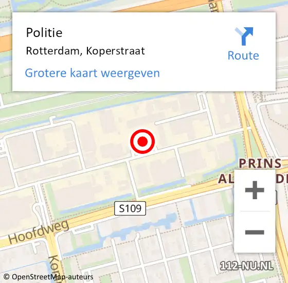 Locatie op kaart van de 112 melding: Politie Rotterdam, Koperstraat op 6 februari 2024 08:14