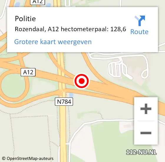 Locatie op kaart van de 112 melding: Politie Rozendaal, A12 hectometerpaal: 128,6 op 6 februari 2024 09:56