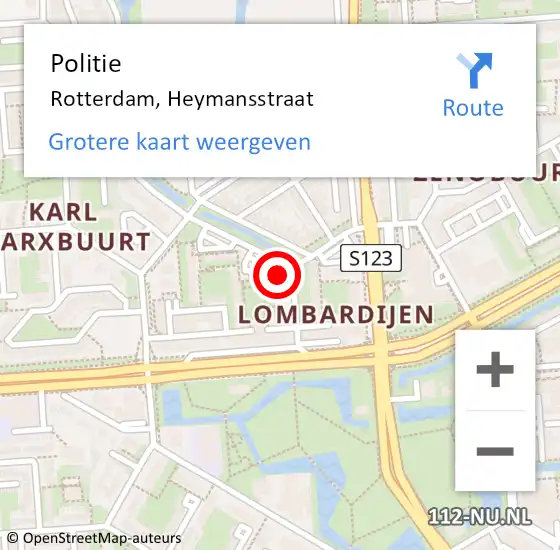 Locatie op kaart van de 112 melding: Politie Rotterdam, Heymansstraat op 6 februari 2024 12:38