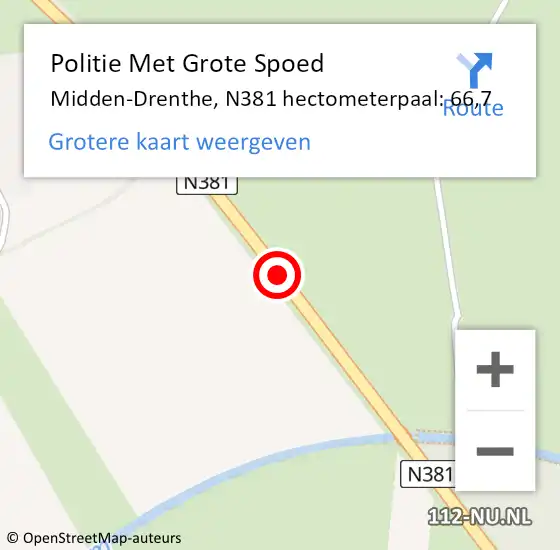 Locatie op kaart van de 112 melding: Politie Met Grote Spoed Naar Midden-Drenthe, N381 hectometerpaal: 66,7 op 6 februari 2024 15:11