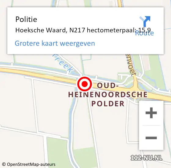 Locatie op kaart van de 112 melding: Politie Hoeksche Waard, N217 hectometerpaal: 15,9 op 6 februari 2024 15:29