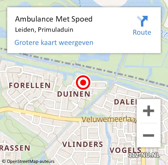 Locatie op kaart van de 112 melding: Ambulance Met Spoed Naar Leiden, Primuladuin op 6 februari 2024 21:04