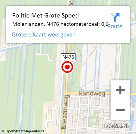 Locatie op kaart van de 112 melding: Politie Met Grote Spoed Naar Molenlanden, N476 hectometerpaal: 0,6 op 7 februari 2024 07:54