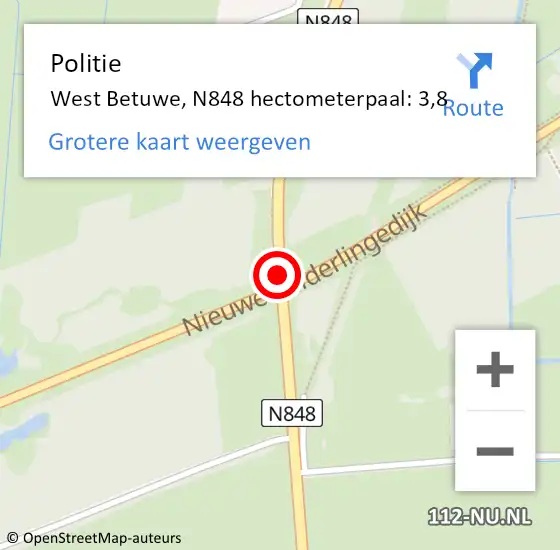 Locatie op kaart van de 112 melding: Politie West Betuwe, N848 hectometerpaal: 3,8 op 7 februari 2024 09:57